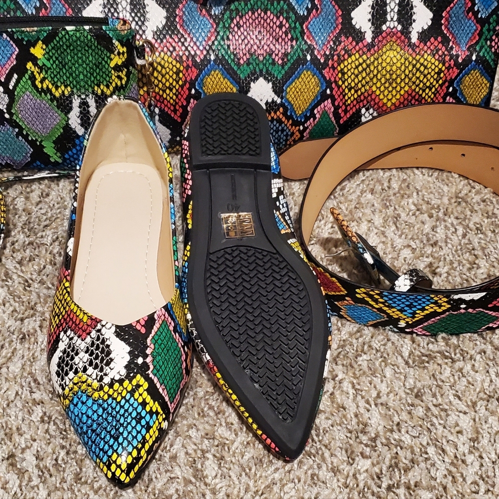 NEW‼️4 ITEMS-Multicolor snake print bundle w/belt, shoes, tote and crossbody. - Picture 2 of 10
